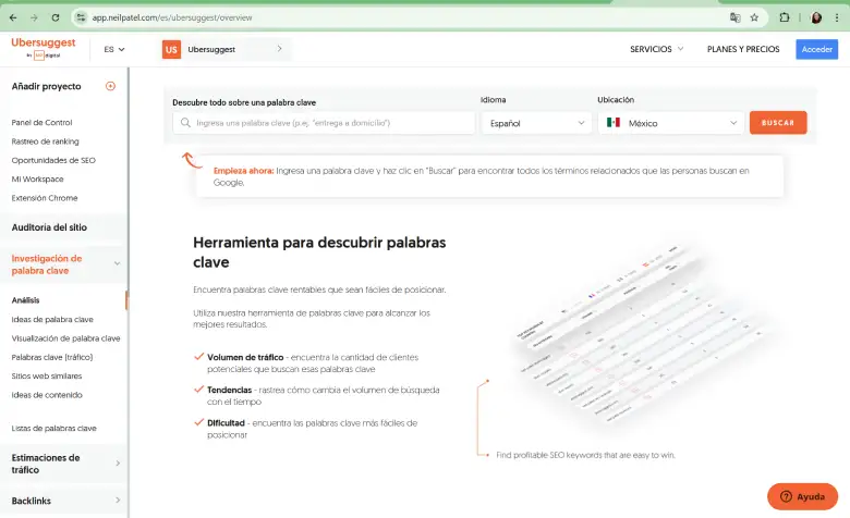 Herramienta SEO Ubersuggest